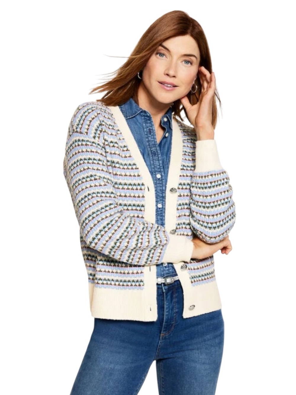 TALBOTS NWT Breezy Stripe Knit Cardigan Sweater in Cream/Pink/Blue Size Large